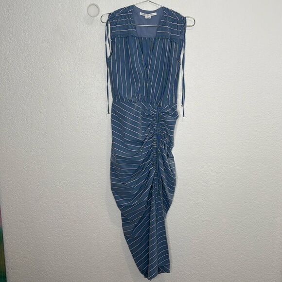 New VERONICA BEARD Teagan Striped Ruched Midi Dress Size 0 - Picture 2 of 16